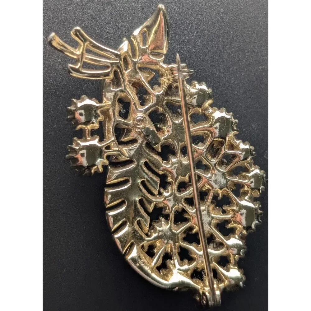 Vintage AB Rhinestone Leaf Brooch Gold Tone Signed C Missing Stones